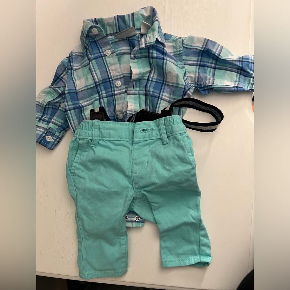 Button down and pants with suspenders